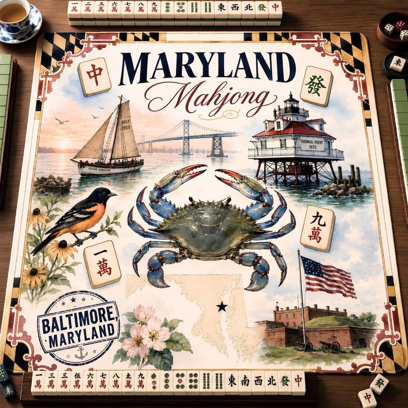 May include: A Maryland Mahjong game board featuring a blue crab, a sailboat, the Thomas Point lighthouse, a Baltimore oriole, and the American flag. The board includes the text Maryland Mahjong and Baltimore, Maryland, with mahjong tiles.