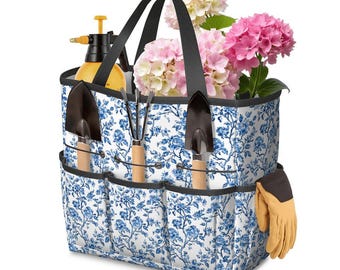 Bolsa de herramientas de jardín azul con estampado floral y opción de personalización, organizador de jardinería con bolsillos, cesta impermeable para jardín, regalo ideal para jardineros.