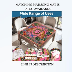 May include: A square mahjong table with a pink floral and leopard print design. The table has a wooden frame and features the text "Wide Range of Uses". The image also shows mahjong tiles and cards. Text on the image says "Matching Mahjong Mat is Also Available" and "Link in Description".