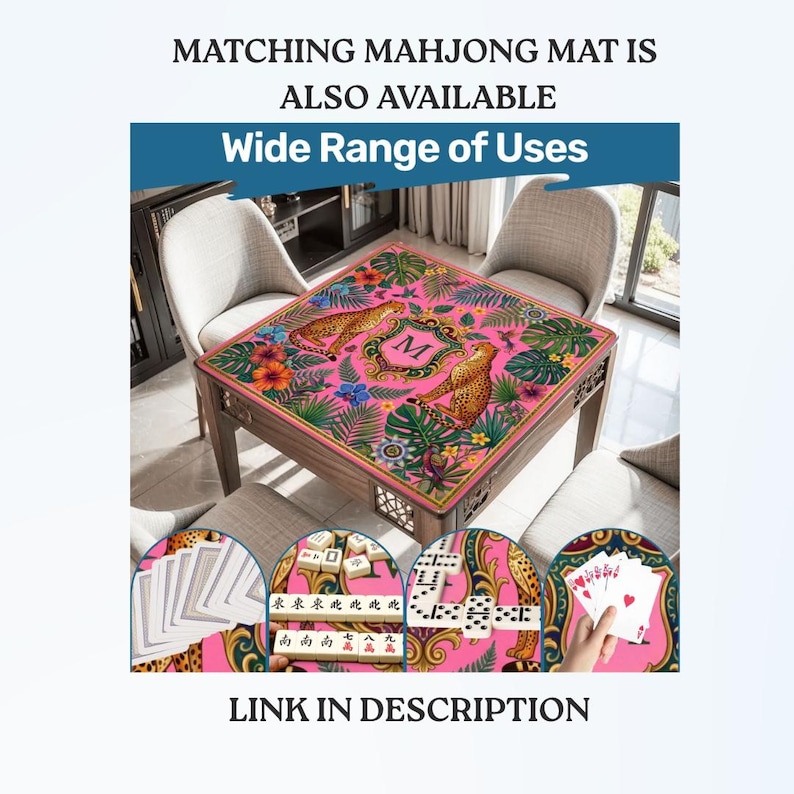 May include: A square mahjong table with a pink floral and leopard print design. The table has a wooden frame and features the text "Wide Range of Uses". The image also shows mahjong tiles and cards. Text on the image says "Matching Mahjong Mat is Also Available" and "Link in Description".