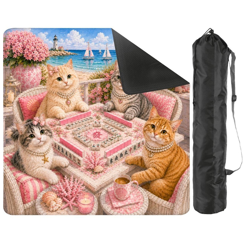 Cat Mahjong Mat, Coastal Kitty Game Table Cover, Cute Beach Cat Mahjong Tile Mat, Mahjong Gift Accessory 31.5"x31.5" (Ship Rolled up) afbeelding 2