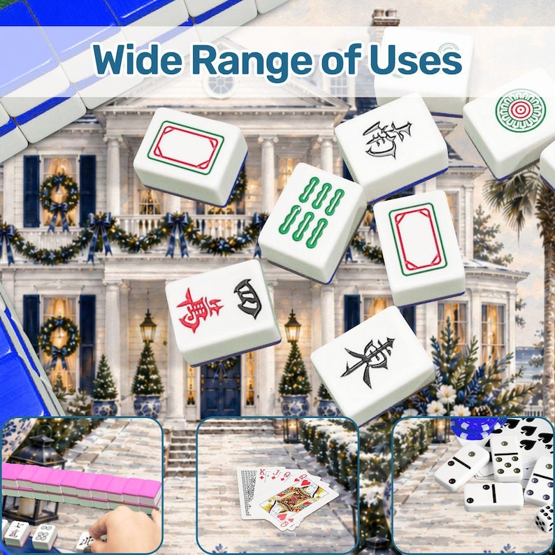 Christmas Chinoiserie Mahjong Mat Set, Blue White Mansion Game Mat with Carry Bag, Holiday Mahjong Gift 31.5"x31.5" (Ship Rolled up) zdjęcie 8
