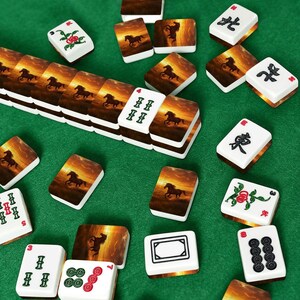 Horse Theme Mahjong Tile Set 166 Pieces, Hand Painted Mahjong Tiles, American Mahjong Game Set, Western Sunset Horse Design Gift zdjęcie 7