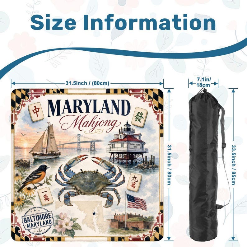 Maryland Mahjong Mat, Chesapeake Bay Blue Crab Game Mat, Baltimore Mahjong Table Mat, Coastal Maryland Tile Mat 31.5"x31.5" (Ship Rolled up) image 3