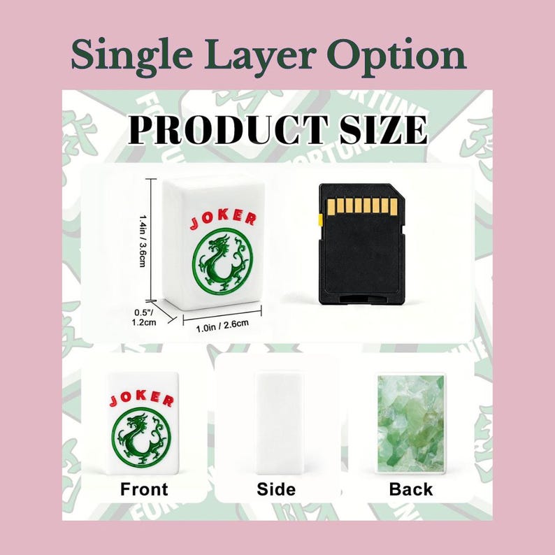 May include: A white rectangular tile with a green dragon graphic and the red text JOKER. Dimensions are 1.4 inches by 1.0 inch by 0.5 inches. The tile is shown from the front, side, and back, alongside a black SD card for scale comparison.