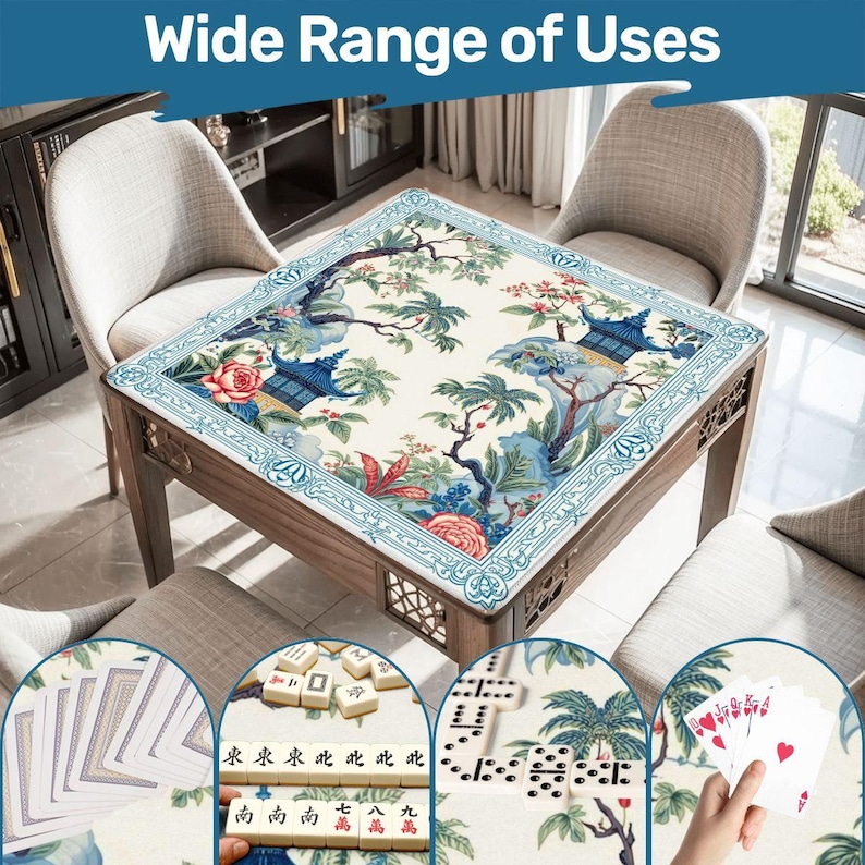 Tropical Garden Mahjong Mat with Non Slip Rubber Backing, Blue Pagoda Bird Design Mat with Carry Bag, Size 31.5"x31.5" (Ship Rolled up) image 6