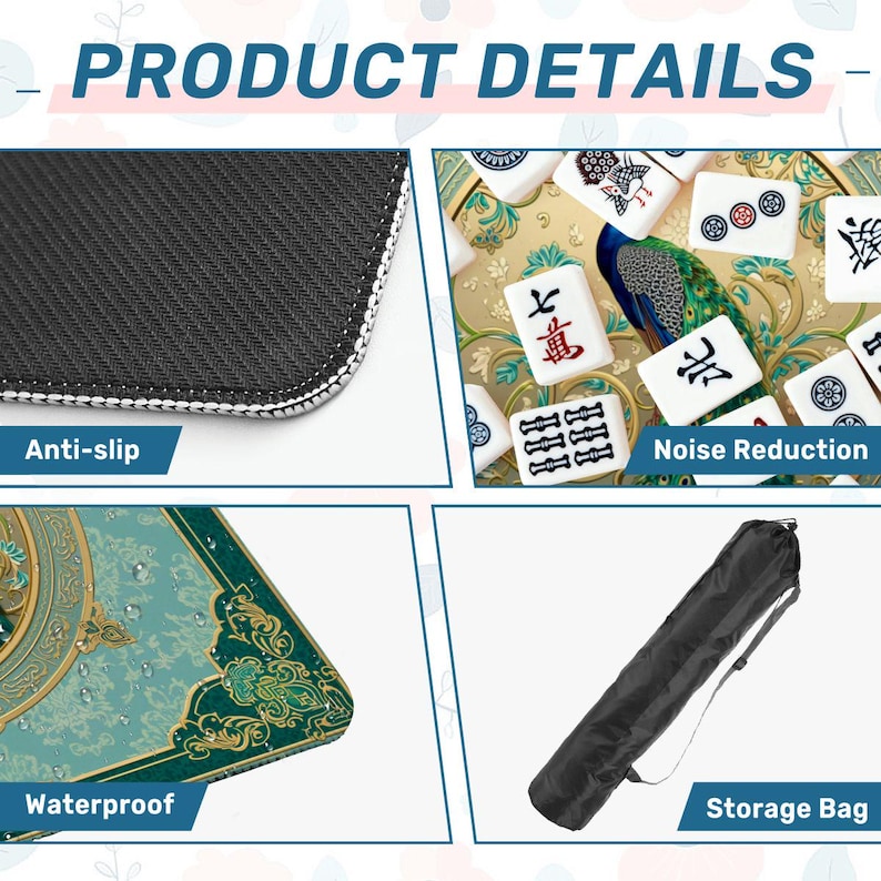 Tapete de Mahjong Peacock de 31,5 x 31,5 pulgadas, tapete de juego de Mahjong portátil antideslizante con bolsa de transporte, tapete de juego decorativo (se envía enrollado). imagen 6
