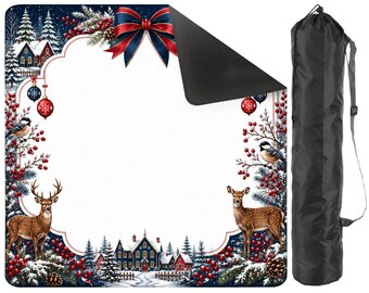 Christmas Mahjong Mat with Winter Deer Village Design, Custom Holiday Mat, Festive Snowy Playmat with Carry Bag 31.5"x31.5" (Ship Rolled up)