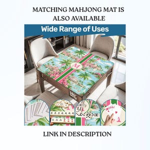 May include: A wooden mahjong table with a tropical design featuring palm trees, pink flowers, and a turquoise background. The table has a green and pink stripe with the letter "M" in the center. Text on the image says "Matching Mahjong Mat is Also Available" and "Wide Range of Uses."
