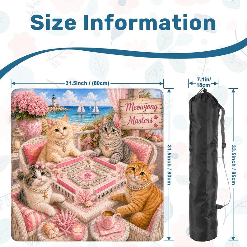 Cat Mahjong Mat, Coastal Kitty Game Table Cover, Cute Beach Cat Mahjong Tile Mat, Mahjong Gift Accessory 31.5"x31.5" (Ship Rolled up) afbeelding 4