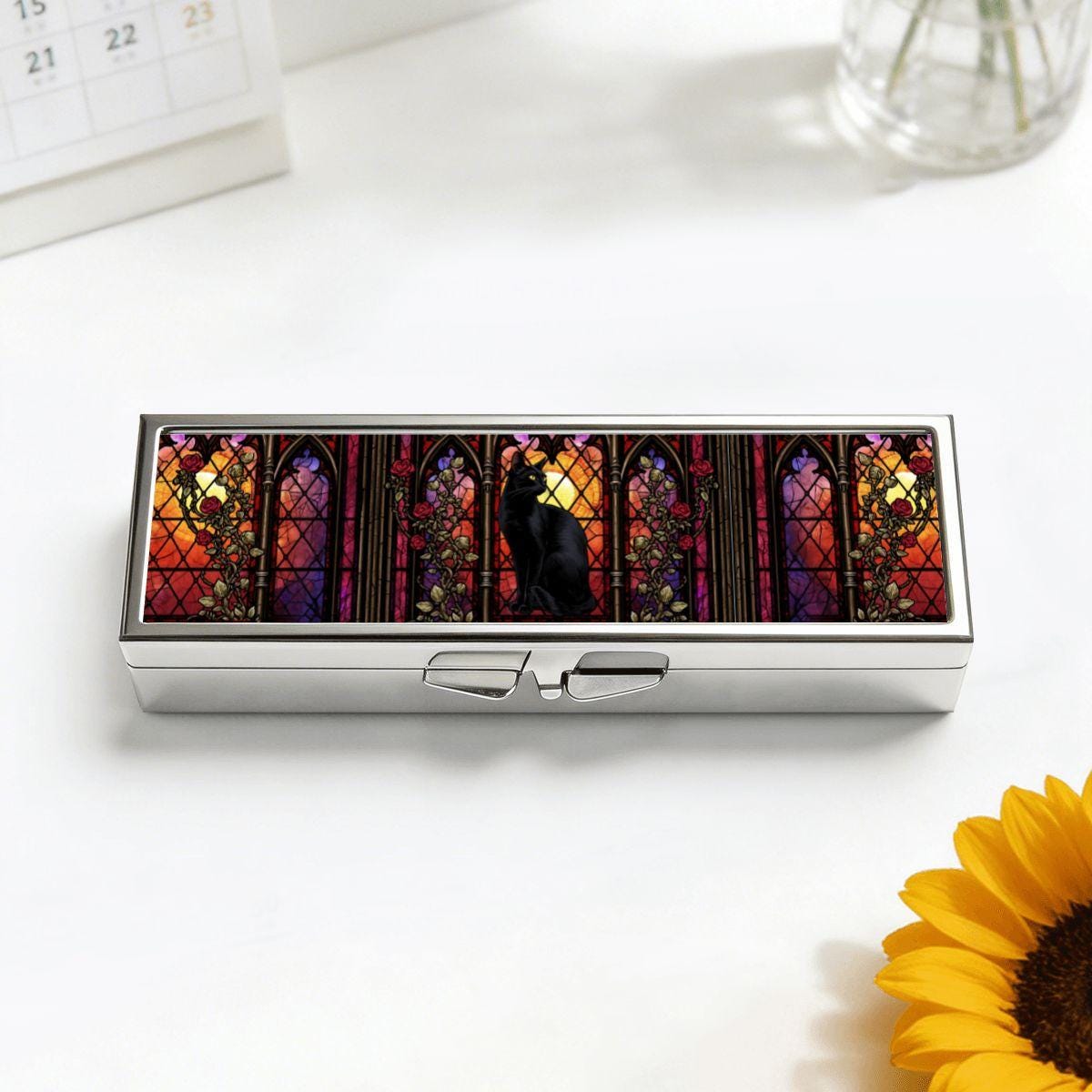 Gothic Black Cat Stained Glass Design, Weekly Travel Medicine Case, Vitamin Holder Gift,7 Day Pill Organizer