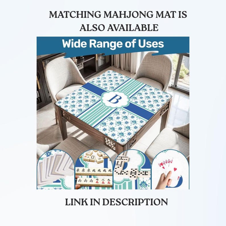 May include: A square mahjong table with a floral patterned top in shades of blue and white, featuring the letter "B" in a central medallion. The image includes the text "MATCHING MAHJONG MAT IS ALSO AVAILABLE" and "Wide Range of Uses."