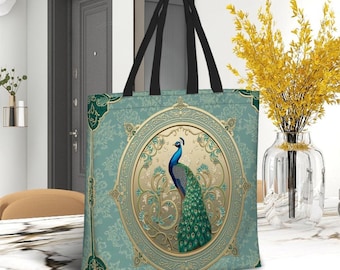 Elegant Peacock Tote Bag, Vintage Green Ornate Pattern Carryall, Aesthetic Everyday Tote, Reusable Shopping Bag, Nature Inspired Gift
