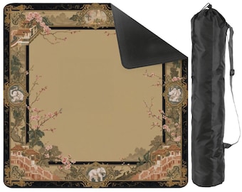 Chinoiserie Mahjong Table Mat with Bag–Foldable Waterproof 31.5"x31.5" Game Mat Featuring Elephants, Floral Border, and Scenic Architecture
