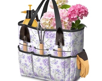 Lavender Floral Garden Tool Tote Bag with Optional Personalization, Gardening Organizer with Pockets, Waterproof Yard Caddy Gift