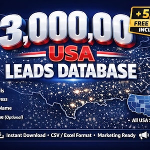 Puede incluir: Gráfico con el texto "3.000,00 USA LEADS DATABASE" en blanco, rojo y azul. La imagen incluye un mapa de EE. UU. y el texto "+5.000 MUESTRA GRATUITA INCLUIDA". Texto adicional incluye información de contacto.