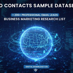 May include: A digital graphic promoting a business marketing research list. The image features a glowing blue globe with the outline of the United States, surrounded by data streams. Text includes "CEO CONTACTS SAMPLE DATASET" and "+ 200+ PROFESSIONAL EMAIL LEADS."