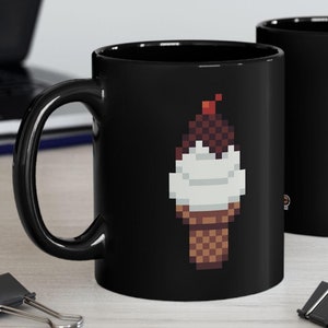 Pixel Treat Mug: Pixel Ice Cream Cone Coffee Mug  - Retro Gaming Gift | Sweet Treat Black Ceramic Coffee Cup
