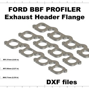 May include: Gray metal exhaust header flanges for Ford BBF Profiler engines. The image includes several flanges, with dimensions of 2.02, 2.27, and 2.39 inches. The text "DXF files" is also present.