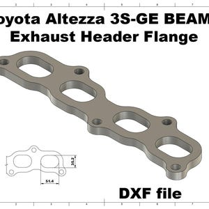 May include: A gray exhaust header flange for a Toyota Altezza 3S-GE BEAMS engine. The flange has four oval openings and several mounting holes. A smaller diagram shows dimensions of 51.4 mm and 35.2 mm. The text "DXF file" is also present.