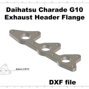 Puede incluir: Brida de colector de escape plateada para Daihatsu Charade G10, con tres grandes aberturas circulares y tres orificios de montaje más pequeños. La imagen incluye un diagrama con una medida de diámetro de 32 mm. El texto dice "DXF file".