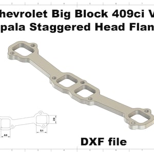 May include: A light gray Impala Staggered Head Flange for a Chevrolet Big Block 409ci V8 engine. The DXF file is included. The flange has a rectangular shape with measurements of 44mm x 43mm and 51mm x 39mm.
