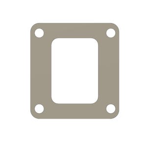 May include: A tan-colored, square gasket with a rectangular cutout in the center. Four evenly spaced circular holes are located in each corner of the gasket. The gasket is designed for mechanical applications.