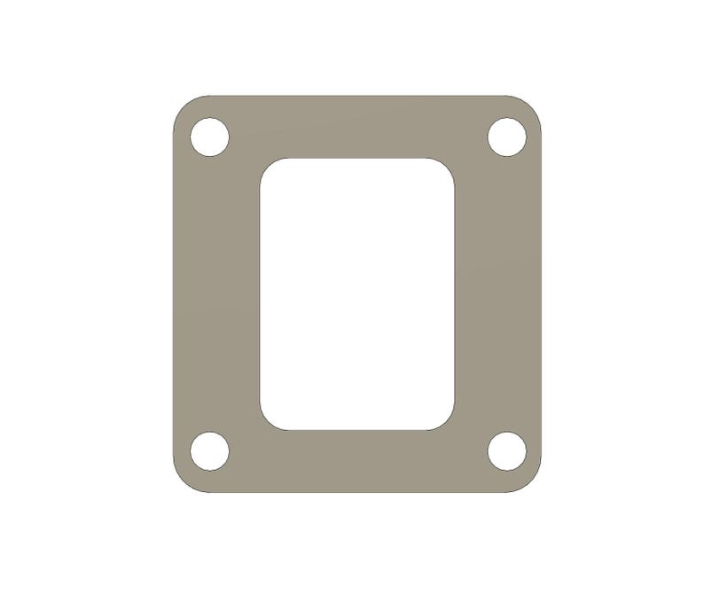 May include: A tan-colored, square gasket with a rectangular cutout in the center. Four evenly spaced circular holes are located in each corner of the gasket. The gasket is designed for mechanical applications.