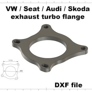 以下が含まれることがあります： VW、Seat、Audi、Skoda車用のグレーのエキゾーストターボフランジ。フランジには中央の円形開口部と4つの取り付け穴があります。画像には、117.9 mmとØ85の寸法を示す図が含まれています。「DXF file」というテキストも表示されています。