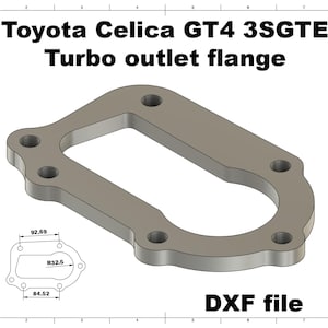 Könnte beinhalten: Graue Turboauslassflansch für einen Toyota Celica GT4 3SGTE. Der Flansch hat eine rechteckige Form mit abgerundeten Ecken und mehreren Schraubenlöchern. Das Bild enthält ein kleineres Diagramm mit Maßen in Millimetern und den Text "DXF file".
