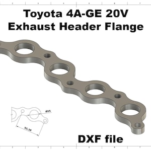 May include: A silver-colored exhaust header flange for a Toyota 4A-GE 20V engine. The flange has a series of circular openings and is labeled "DXF file". The text "Toyota 4A-GE 20V Exhaust Header Flange" is at the top.