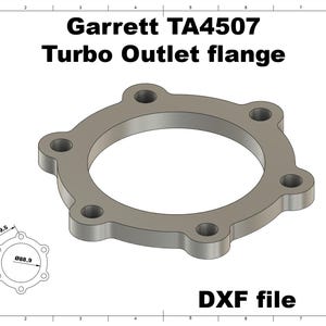 Puede incluir: Una brida de salida de turbo Garrett TA4507 de metal gris con un diseño circular y cinco orificios para pernos. La imagen incluye un diagrama más pequeño con medidas de 59,5 mm y Ø88,9 mm. Texto: "DXF file".