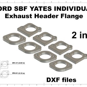 Peut inclure: Ensemble de brides de collecteur d'échappement pour moteurs Ford SBF Yates. L'image présente huit brides métalliques grises avec des ouvertures circulaires et des trous de boulons, étiquetées "2 en 1". Dimensions fournies, fichiers DXF disponibles.