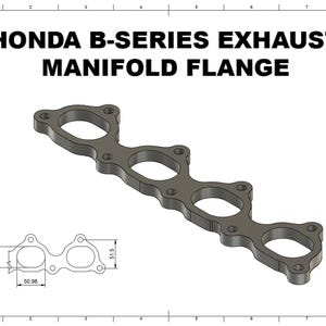 May include: A gray Honda B-Series exhaust manifold flange. The image includes a diagram with measurements of 38mm, 51.5mm, and 50.98mm. The text "HONDA B-SERIES EXHAUST MANIFOLD FLANGE" is at the top of the image.