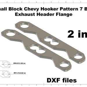 Könnte beinhalten: Zwei graue Auspuffkrümmerflansche für einen Small Block Chevy Hooker Pattern 7 Bolt Motor. Das Bild enthält Abmessungen von 4,8 cm und 5,1 cm sowie den Text "2 in 1" und "DXF-Dateien".