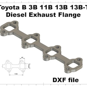 Op de afbeelding: Een grijze metalen dieseluitlaatflens met een rechthoekig ontwerp en vierkante openingen. De afbeelding bevat een diagram met afmetingen: 4,1 cm, 4,35 cm en 11,9 cm. De tekst bovenaan luidt "Toyota B 3B 11B 13B 13B-T Diesel Exhaust Flange". De tekst onderaan zegt "DXF file".