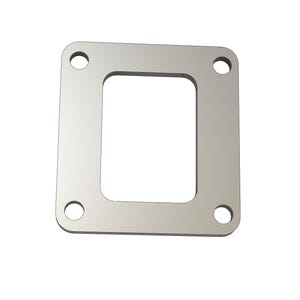 May include: A silver-colored, rectangular metal plate with a square cutout in the center. Four evenly spaced circular holes are located at each corner. The plate has a smooth, reflective surface.