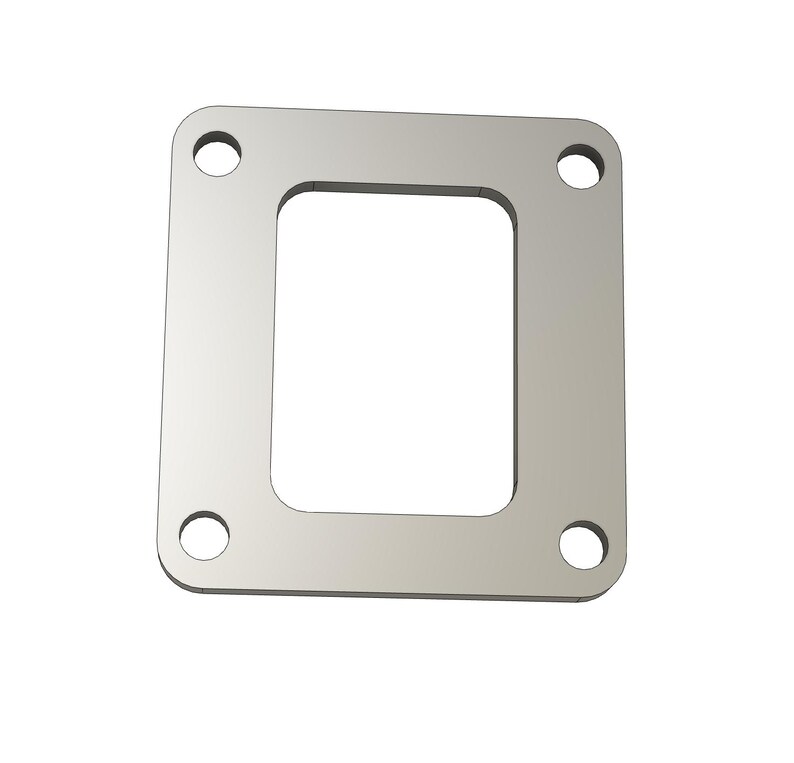 May include: A silver-colored, rectangular metal plate with a square cutout in the center. Four evenly spaced circular holes are located at each corner. The plate has a smooth, reflective surface.