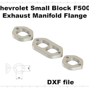 Puede incluir: Tres bridas de colector de escape plateadas para un motor Chevrolet Small Block F5000. La imagen incluye un diagrama con medidas de 40 mm x 38 mm. También está presente el texto "DXF file".