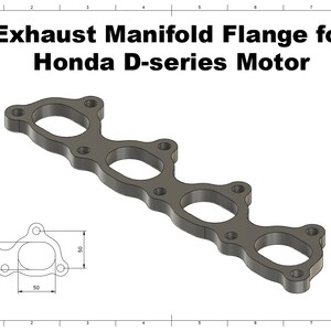 Op de afbeelding: Een donkergrijze uitlaatspruitstukflens voor een Honda D-serie motor, met meerdere cirkelvormige openingen. De afbeelding bevat een diagram met afmetingen van 50 mm, 37 mm en 50 mm.