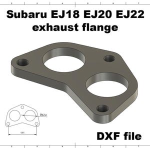 May include: A gray exhaust flange for Subaru EJ18, EJ20, and EJ22 engines. The flange has two large circular openings and four bolt holes. The image includes a DXF file and dimensional details, with a 42.4 mm diameter opening and a 111 mm width.