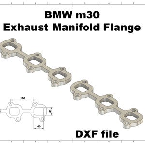 Könnte beinhalten: Zwei Metall-Abgaskrümmerflansche für einen BMW m30 Motor. Die Flansche haben eine Reihe von Löchern und rechteckigen Öffnungen. Ein Diagramm zeigt Abmessungen von 100 x 40 x 31 mm. Der Text "DXF file" ist ebenfalls vorhanden.