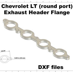 Puede incluir: Brida de colector de escape plateada para motor Chevrolet LT con diseño de puerto redondo. La imagen incluye un diagrama con medidas de 48 mm. También está presente el texto "DXF files".