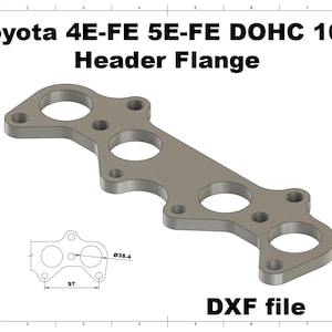 May include: A gray metal header flange for Toyota 4E-FE and 5E-FE DOHC 16V engines. The image includes a DXF file and dimensions of 97 and Ø38.4. The flange has multiple circular openings and bolt holes.