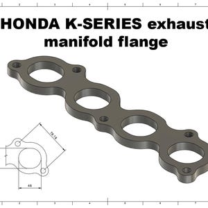 May include: A gray exhaust manifold flange for Honda K-Series engines. The image includes a detailed diagram with measurements in millimeters: 43mm, 48mm, and 79.18mm. The text "HONDA K-SERIES exhaust manifold flange" is displayed at the top.