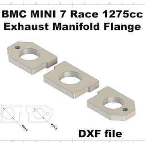 May include: An illustration of an exhaust manifold flange for a BMC Mini 7 Race 1275cc engine. The image shows three rectangular metal pieces with circular holes and a smaller hole. The text "DXF file" is also present.