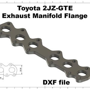 Pode incluir: Flange do coletor de escape cinza escuro para um motor Toyota 2JZ-GTE. O flange possui múltiplas aberturas circulares e furos para parafusos. A imagem inclui um diagrama com medidas de 31 mm, 38 mm e 59,99 mm. O texto diz "Toyota 2JZ-GTE Exhaust Manifold Flange" e "DXF file."