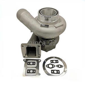 May include: A silver-colored turbocharger with a large, rounded housing and a cylindrical inlet. The image includes several related components, such as a square flange and gaskets. The turbocharger is designed for automotive applications.