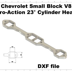 May include: A light gray Chevrolet Small Block V8 Pro-Action 23° Cylinder Head, with a DXF file label. The design includes two square openings and two circular openings. The dimensions are shown in millimeters: 40mm, 56mm, and 45mm.