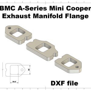 以下が含まれることがあります： BMC A-Series Mini Cooper エキゾーストマニホールドフランジの3Dレンダリング。正方形の開口部を持つ3つのグレーの金属フランジと、26.5mm x 30mmの寸法図が表示されています。「DXF file」のテキストも表示されています。